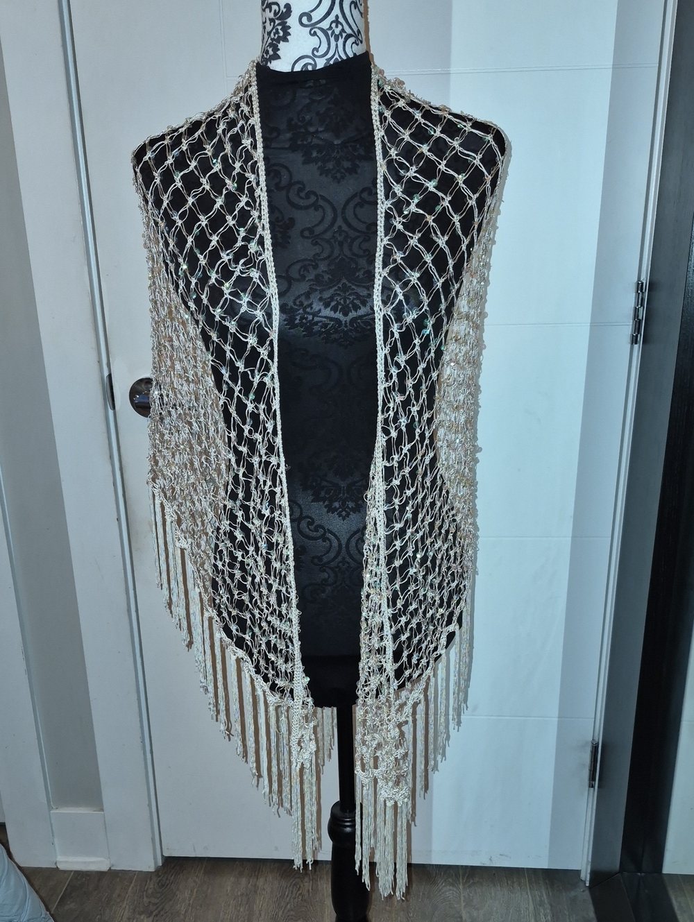 Hand-Knitted Fringe Shawl - Cream